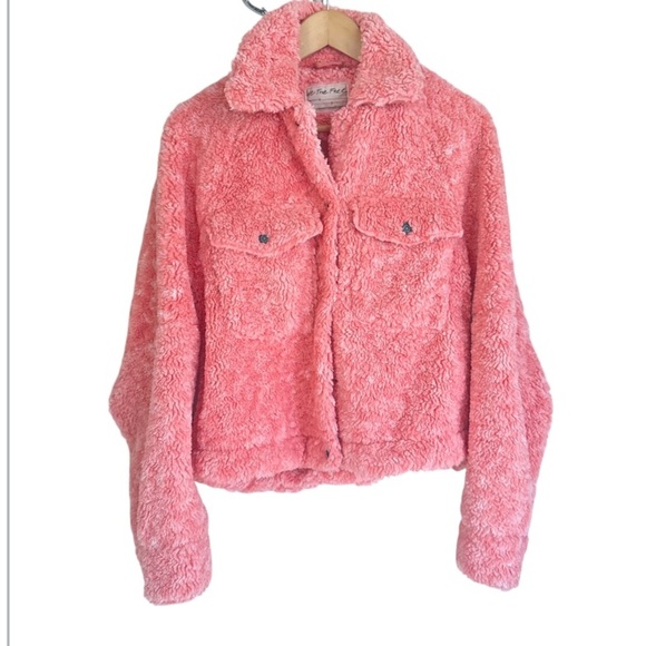 Free People jacket teddy Bear pink small we the free fuzzy cozy pockets snap - Picture 2 of 4